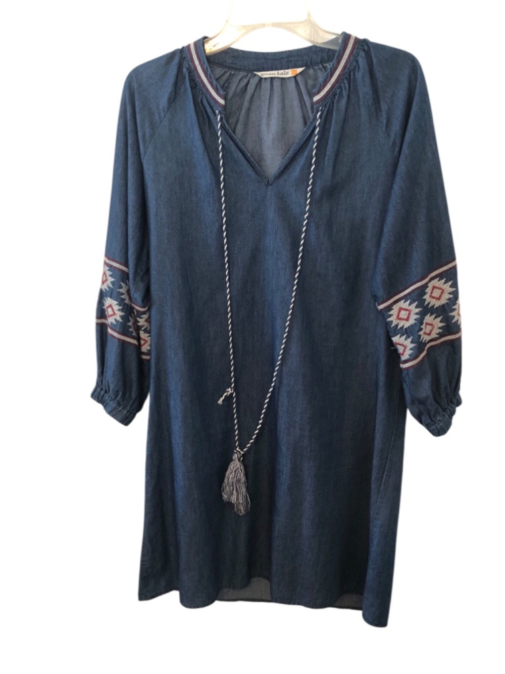 Sz XS given kale embroidered lightweight denim tassel dress boho tunic Aztec cow